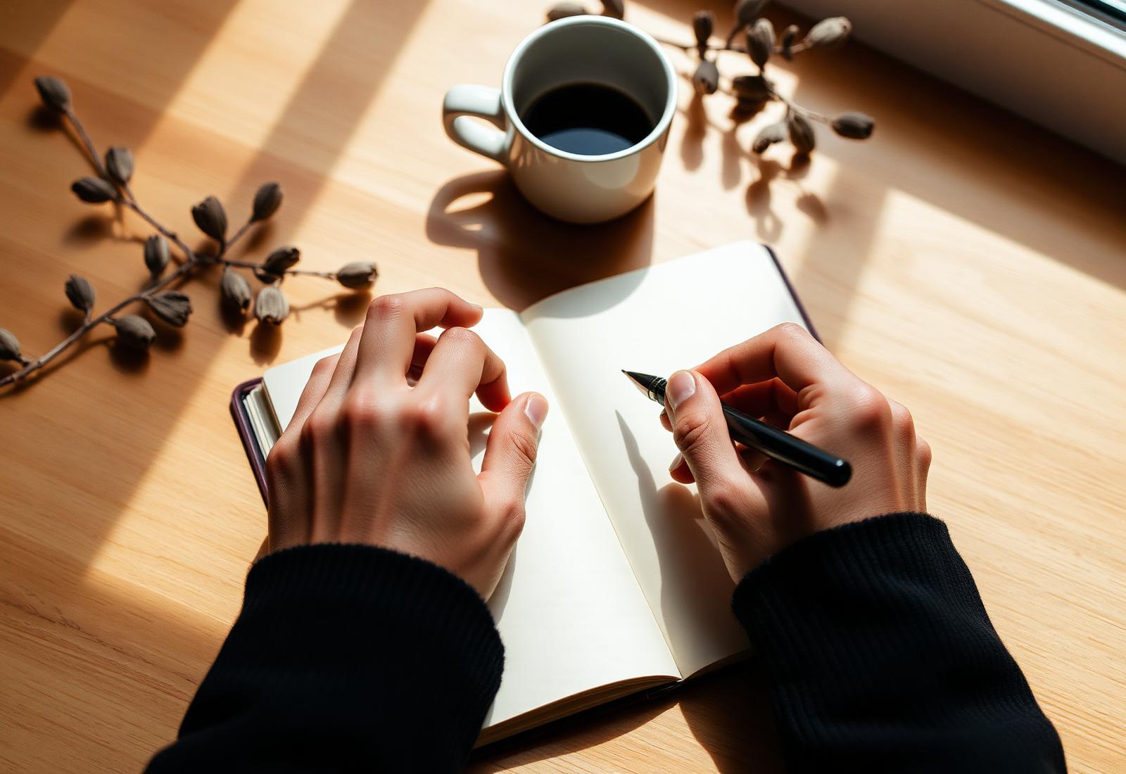Espace de réflexion carnet et stylo sur un bureau en bois, lumière naturelle