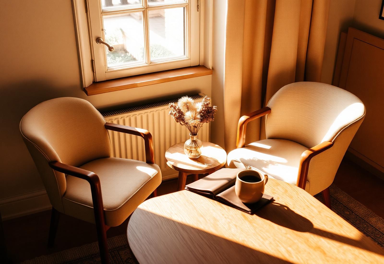 Espace de mentorat 1:1 deux fauteuils près d'une fenêtre, lumière du matin